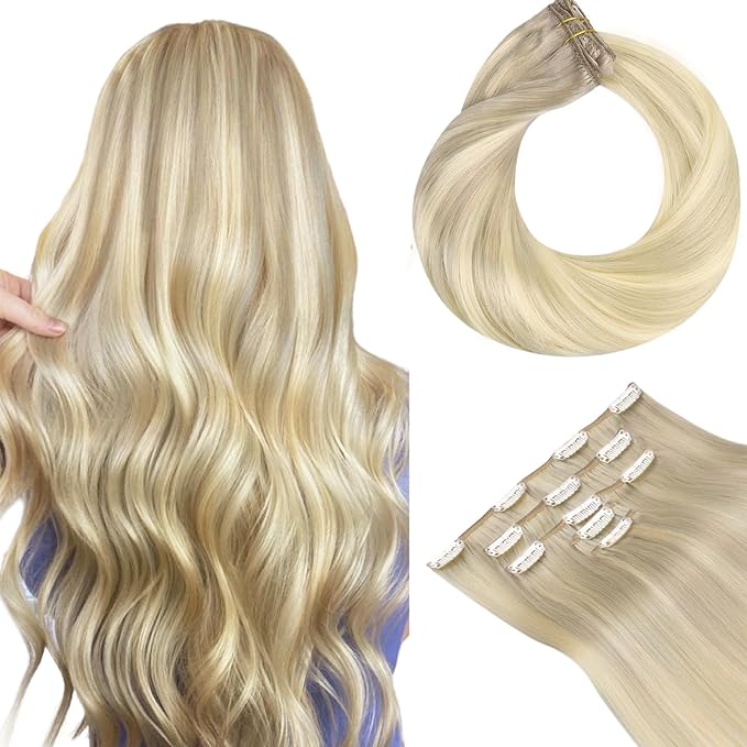 HOTBANANA Clip in Hair Extensions Real Human Hair, 5Pcs 70g 16 Inch Ash Blonde to Golden and Platinum Blonde Straight Remy Clip in Extensions