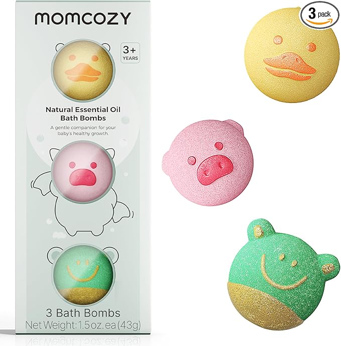 Momcozy Natural&Organic Essential Oil Bath Bombs,3 Pcs Bubble Bath Fizzy Balls with 3 Cute Shapes,Bath Bombs Gift Set for Kids Girls Boys Toddler, Ideal Gift for Birthday, Bath Bomb Kit