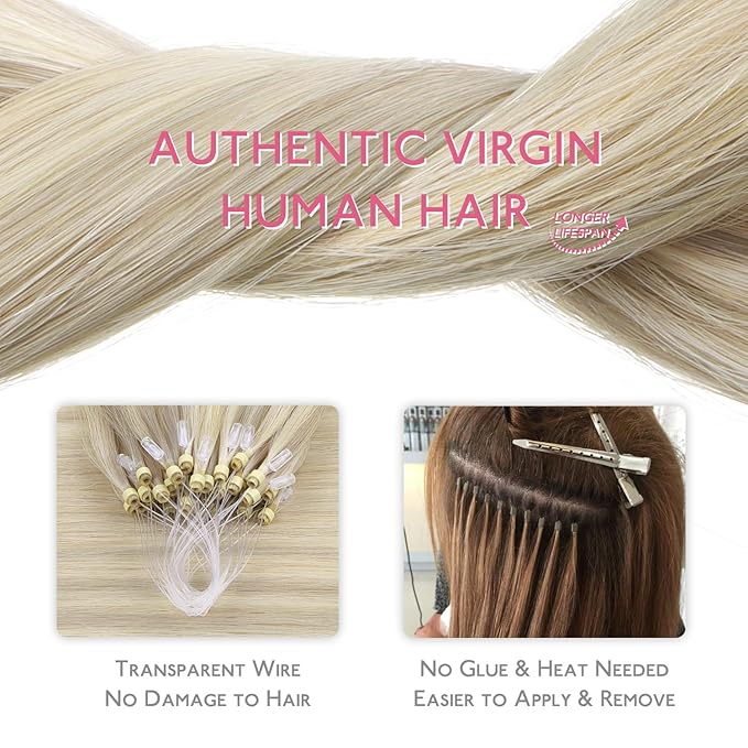WENNALIFE Microlink Hair Extensions Human Hair, 50g 50s 24 Inch Ash Blonde Highlighted Platinum Blonde Remy Micro Bead Hair Extensions Real Human Hair Micro Loop Micro Ring Hair Straight Microlinks