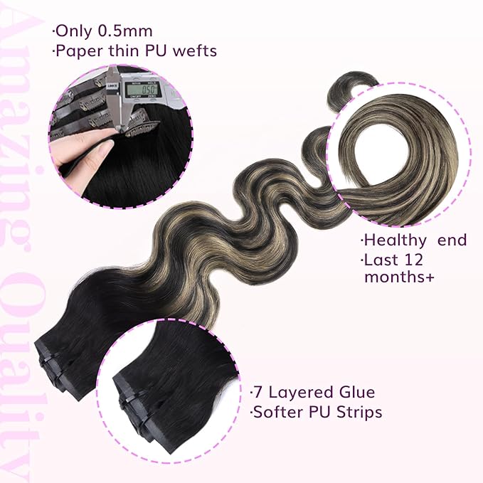IDN BEAUTY Seamless Clip In Hair Extensions Human Hair, 110g 14 Inch, 1B/19/1B Natural Black to Light Blonde Remy Hair Body Wave Seamless Clip Ins For Black Women PU Weft Invisible Edge 7pcs