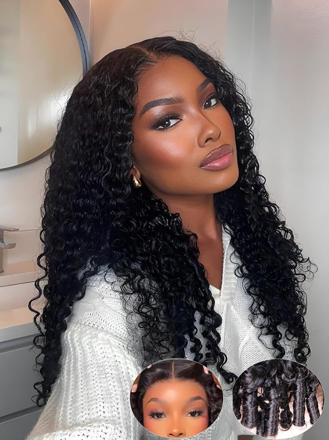 Burmese Curly Wear and Go Glueless Wig Human Hair Curly Texture with Finger Coil Ends Upgrade 9X6 T Part Pre Cut Lace Flip Over Beginner Friendly Wear Go Drawstring Wig 180% Density 26 Inch