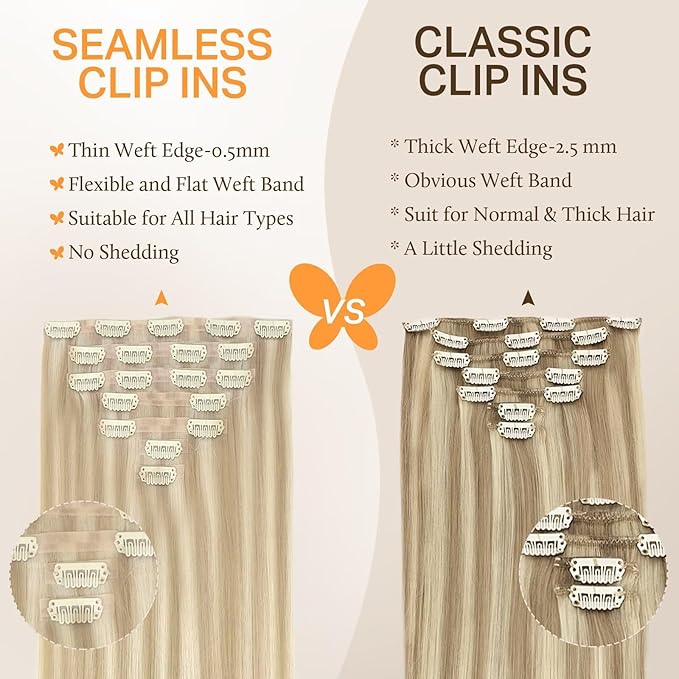 DOORES Human Hair Clip in Extensions, Dark Blonde Highlighted Bleach Blonde 22 Inch 110g 7pcs, Seamless Clip in Hair Extensions Real Human Hair Skin Weft Remy Straight Hair Invisi Edge Hair Extensions