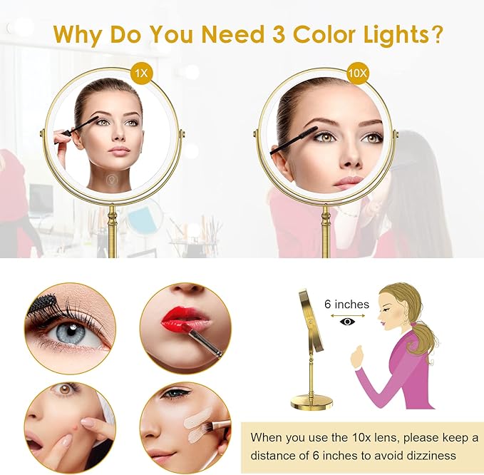 Lighted Makeup Mirror, 3000 mAh Rechargeable Double Sided Magnifying Vanity Mirror with 3 Colors, 1x/10x, 360° Rotation , Brightness Adjustable Magnification Cosmetic Light up Mirror, Women Gift