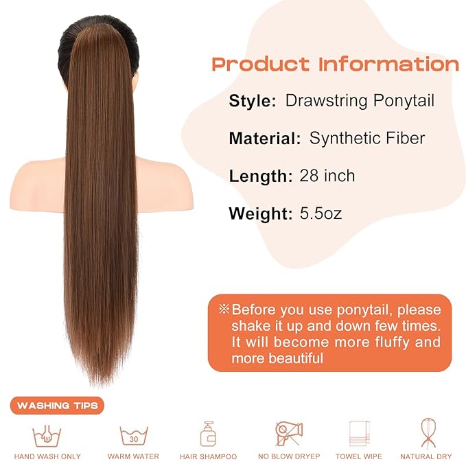 SEIKEA 28" Ponytail Extensions Drawstring Long Straight Fake Pony Tail Natural Soft Clip in Hair Extension Synthetic Heat Resistant Hairpiece - Warm Medium Brown