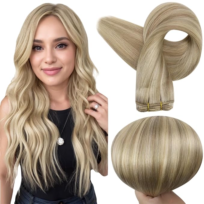 Full Shine Weft Hair Extensions Human Hair Sew In Extensions Remy Straight Hair Extensions Sew In Weft Extensions For Women Ash Blonde Highlight Human Hair Bundles 22 Inch 105G