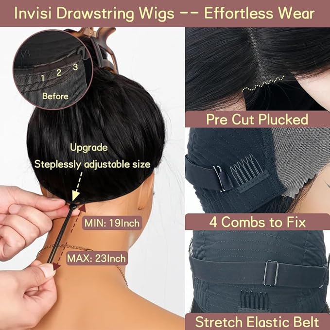 Glueless Wigs Human Hair Pre Plucked Pre Cut 9x6 Straight Lace Front Wigs 250 Density Invisi Drawstring Wigs 12A Brazilian Virgin Human Hair Wig Ready to Wear Wig 24 Inch