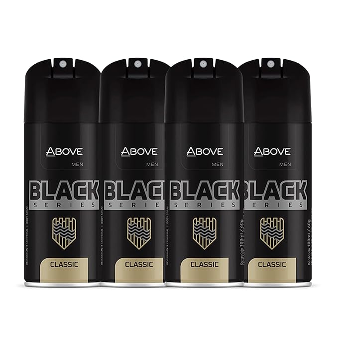 ABOVE Black Series Body Spray, Classic, 4 pcs - Deodorant Spray - Woody Fragrance - Masks Perspiration Odors - Long-Lasting Dry Spray - Cruelty-Free