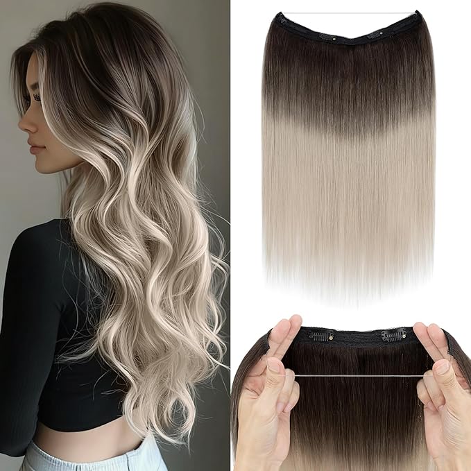Halo Hair Extensions Real Human Hair,Halo Hair Extension 100% Human Hair, Wire Hair Extensions,Straight Natural Black to Gray Ombre 14inch/60g