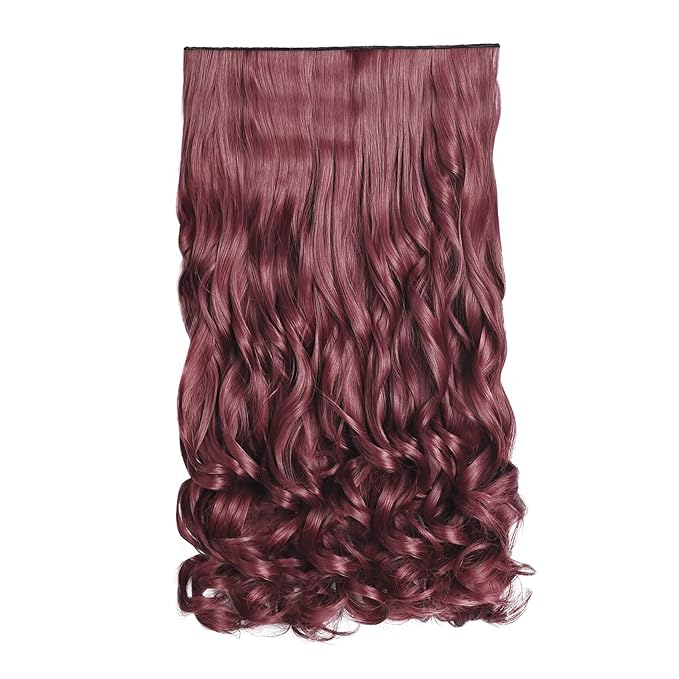 REECHO 16" 1-Pack 3/4 Full Head Curly Wavy Clips in on Synthetic Hair Extensions HE008 Hairpieces for Women 5 Clips 3.9 Oz per Piece - Wine Red