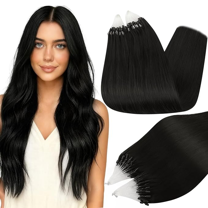 Full Shine Micro Link Hair Extensions Color 1 Jet Black Microloop Human Hair Extensions 20 Inch Natural Long Straight Remy Hair 50G with 7G Micro Beads add Length for Women