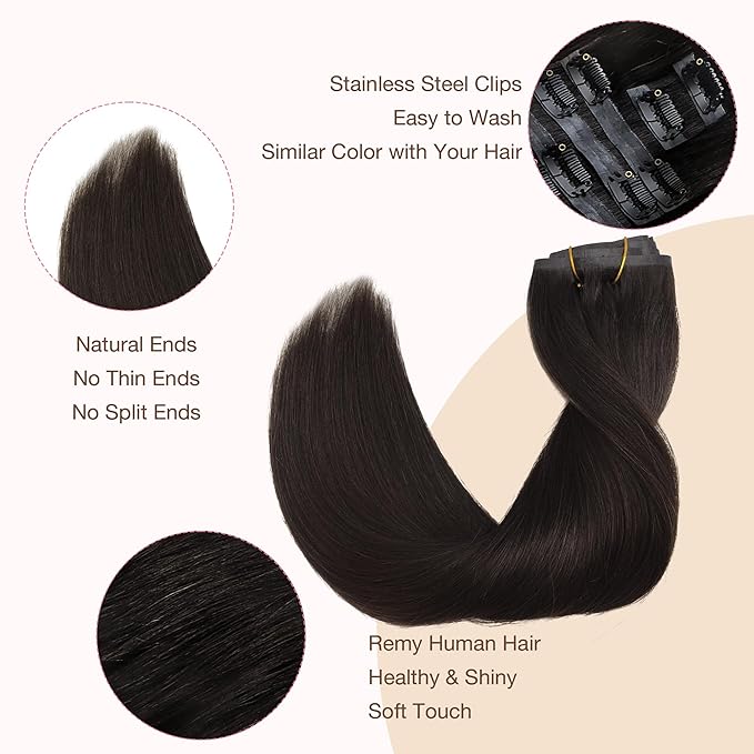 GOO GOO Clip in Hair Extensions Real Human Hair, Remy Human Hair Extensions Clip ins for Women, Natural Human Hair, 18inch 110g 7Pcs, 2 Dark Brown
