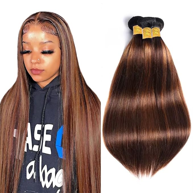 p4 30 Bundles Human Hair Brown Straight Bundle Brazilian Virgin Mixed Length 3 Bundles 28 28 28 Inch Two Tone Brown and Light Brown Bundle