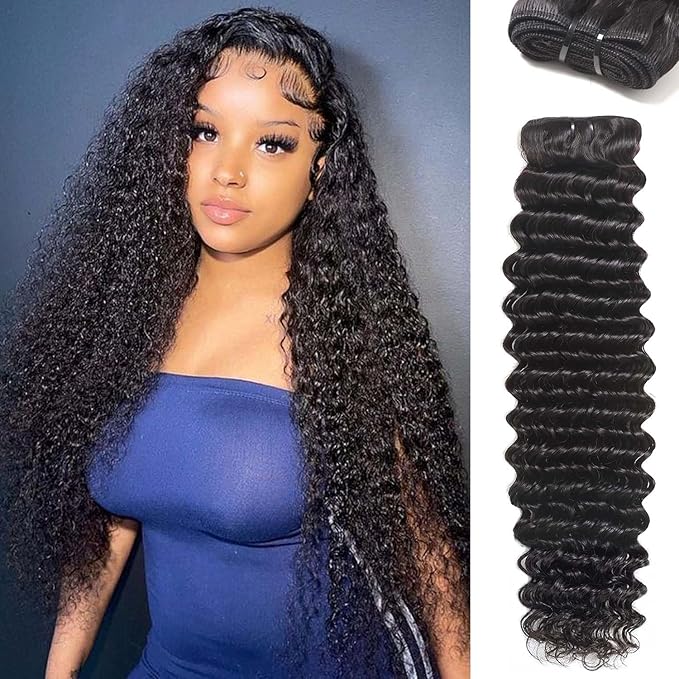 Deep Wave Bundles Human Hai 1 Pcs Human Hair Water Wave Bundle 20 Inch 12A Brazilian 100% Unprocessed Virgin Deep Wave Curly Bundles Human Hair Weft Deep Curly Weave Natural Black
