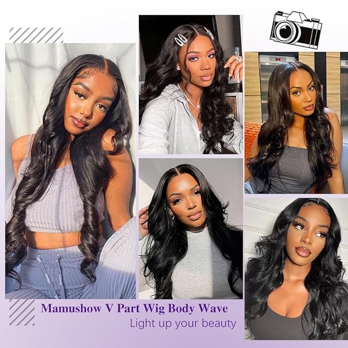 V Part Wigs Human Hair Body Wave 24 Inch Upgrade Glueless U Part Wigs With Drawstring 200% Density No Leave Out No Sew In V Shape Half Wig For Women Beginner Friendly Natural Black