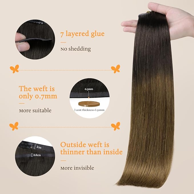 DOORES Hair Extensions Real Human Hair, Chocolate Dip Color Melt 110g 7pcs 22 Inch, Human Hair Extensions Seamless Clip in Thin Weft Remy Straight Hair Invisi Edge Hair Extensions