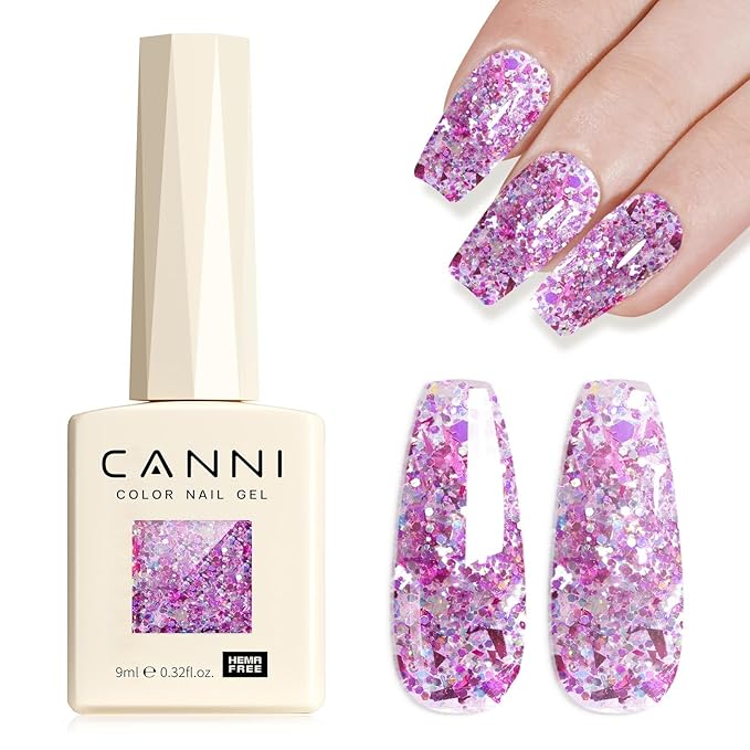 CANNI Glitter Gel Nail Polish – 1pcs 9ml Light Eggplant Color, Soak Off UV LED Nail Gel for DIY Nail Art, Salon or Home Manicure