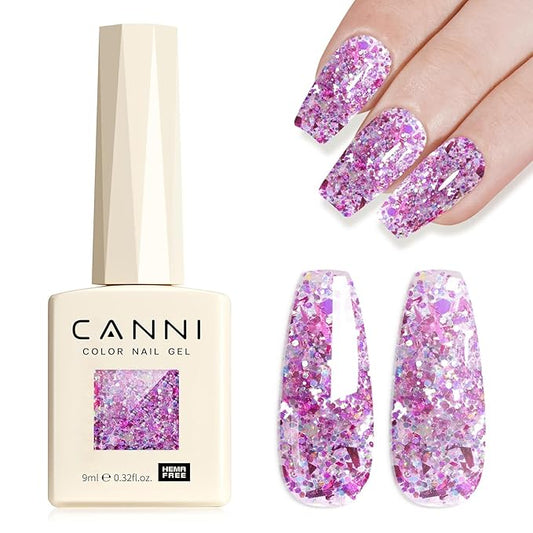 CANNI Glitter Gel Nail Polish – 1pcs 9ml Light Eggplant Color, Soak Off UV LED Nail Gel for DIY Nail Art, Salon or Home Manicure