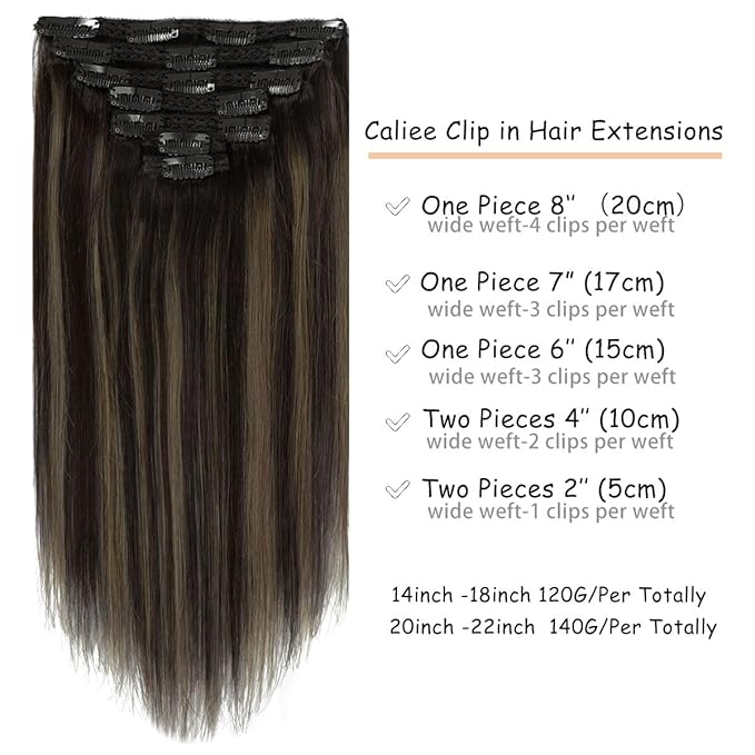 Caliee Clip in Hair Extensions Real Human Hair 100% Remy Human Hair Clip in Hair Extensions R1B-1B/6A Natural Black to Light Chestnut Brown Invisible Lace Weft for Women 18Inch