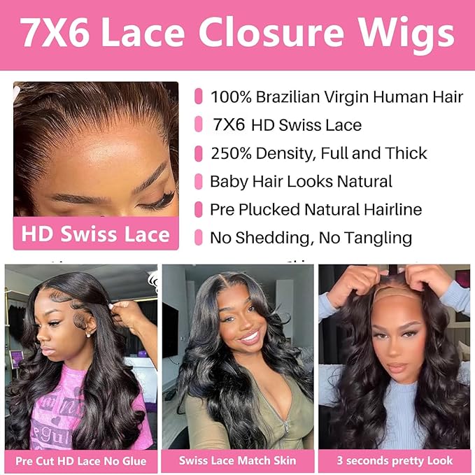 250% Density Glueless Wigs Human Hair Pre Plucked Pre Cut 7x6 Max Parting Hd Lace Closure Wigs With Drawstring Body Wave Human hair Wigs for Beginners 18 Inch