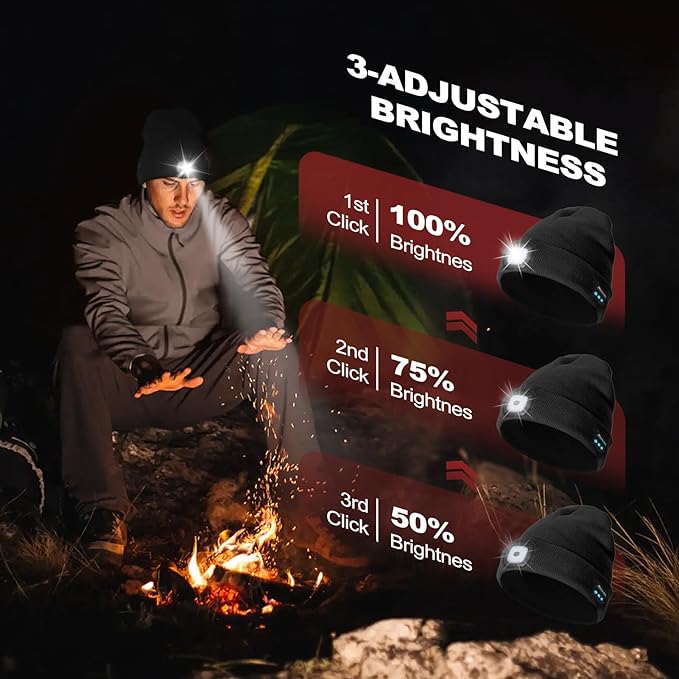Gifts for Men, Rechargeable Bluetooth Music Unisex Beanie Hat with Light, Stocking Stuffers for Women, Birthday Gifts for Men, for Him, Black