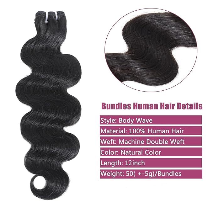 12A Brazilian Virgin Human Hair Body Wave 4 Bundles (12-12-12-12 Inch) – Unprocessed, Natural Black, Quick Weave for Occasion & Daily Looks