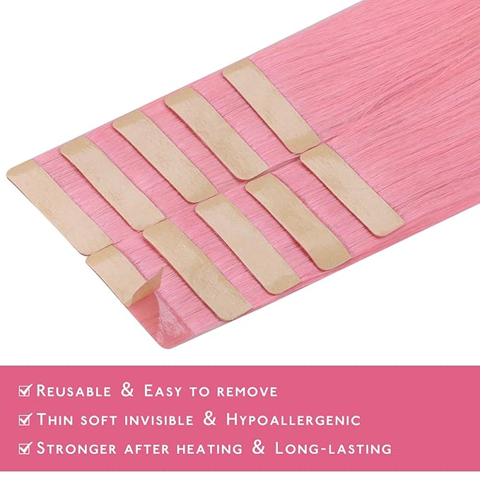Wennalife Tape in Hair Extensions Human Hair Peach Pink Tape in Extensions, 10pcs 25g 14 inch Remy Invisible Tape Ins Straight Colored Soft Real Human Hair Tape in Extensions Refill Set Extensions