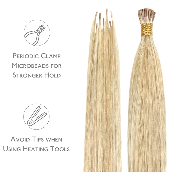 WENNALIFE I Tip Hair Extensions Human Hair, 50g 50s 20 Inch Light Blonde Highlighted Golden Blonde Remy Itip Human Hair Extensions Invisible Itips Straight I Tips Fusion Extensions Real Human Hair