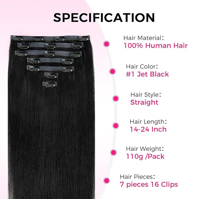Lashey Invisi Edge Clip in Hair Extensions 16 Inch 110g 7pcs Injected Seamless PU Clip in Hair Extensions Virgin Human Hair, #1 Jet Black Straight Hair