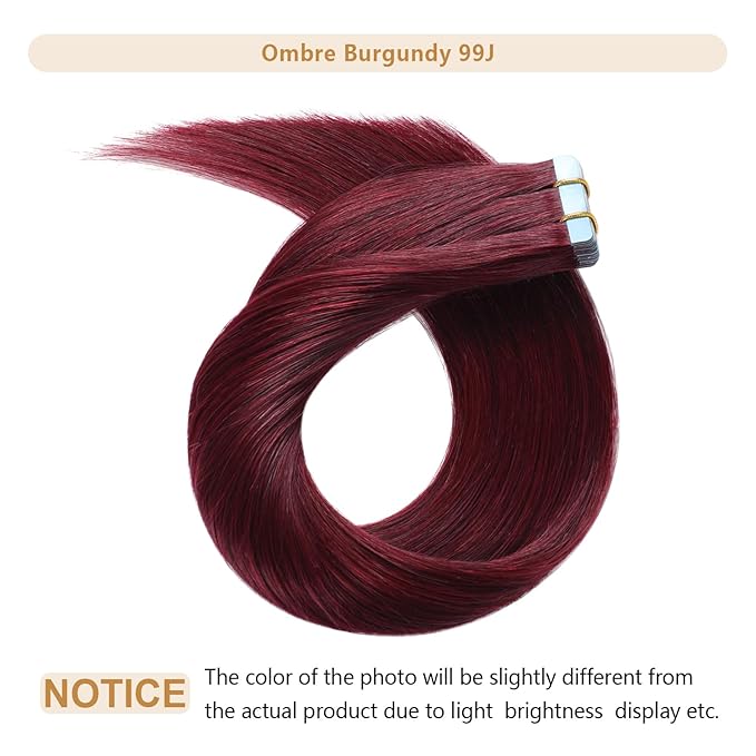 YILITE Burgundy Tape in Hair Extensions 14 Inch 40g 20Pcs #99J Dark Red Remy Human Hair Skin Weft (14 Inch 99J)
