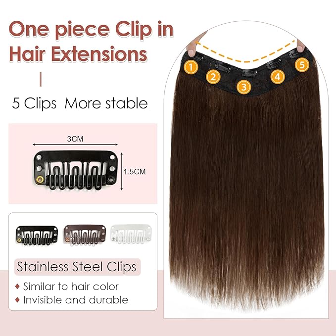 Benehair One Piece 5 Clips in Hair Extensions Human Hair 3/4 Full Head V Shaped Weft Thick Lace Net For Women (12"-55g #4 Medium Brown)