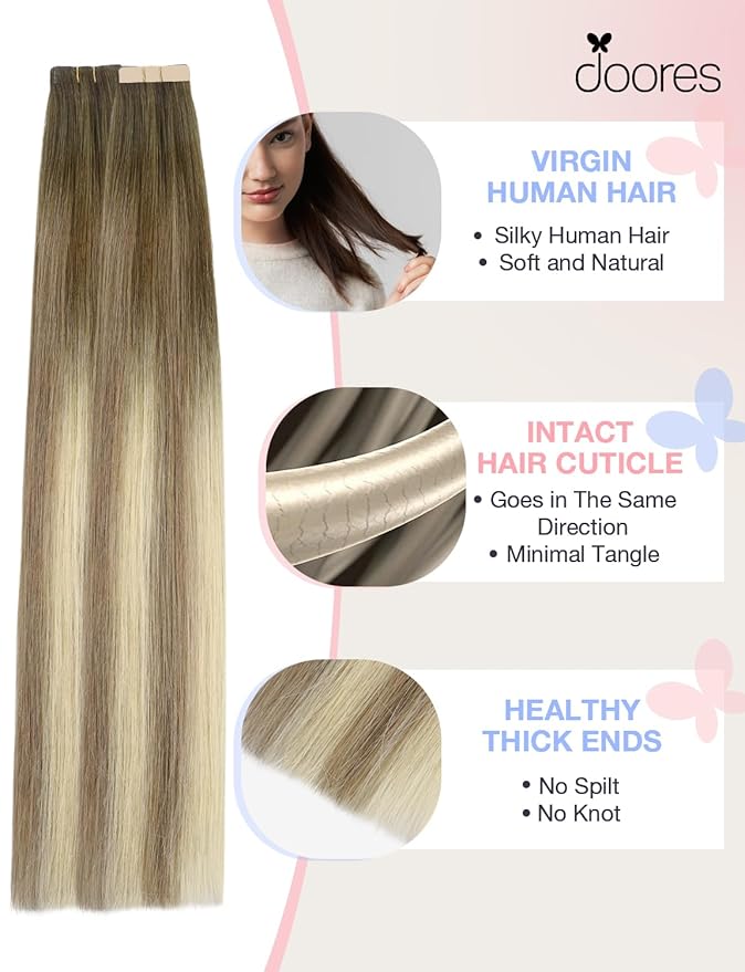 DOORES Invisi Edge Tape in Human Hair Extensions, Walnut Brown to Ash Brown and Bleach Blonde 10 Injection Tape-ins with 10 Classic Tape-ins 50g 24 Inch, Injected Tape in Extensions
