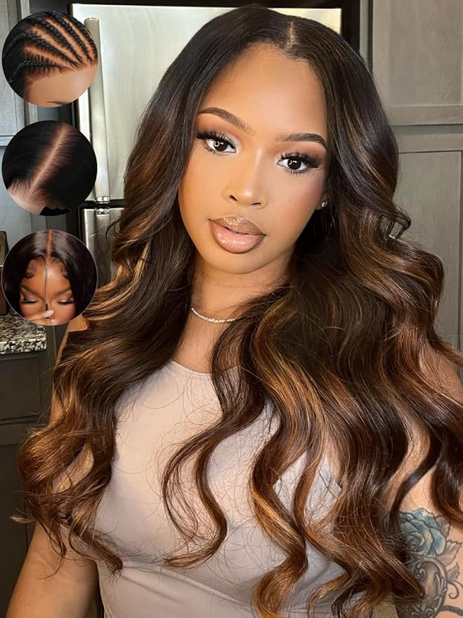 Sunber Ombre Highlight #FB30 Bye Bye Knots 7x5 Lace Front Glueless Human Hair Wig Balayage Wavy Pre Everything Put On Go Pre Bleached Invisible Knots 16Inch