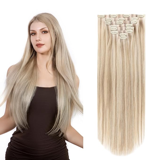 Clip in Hair Extensions Real Human Hair Seamless Clip Ins 100% Remy Hair Extensions PU Weft Golden Blonde Mix Light Blonde Thick&Invisible #P16A/22A 18Inch 120G 8PCS