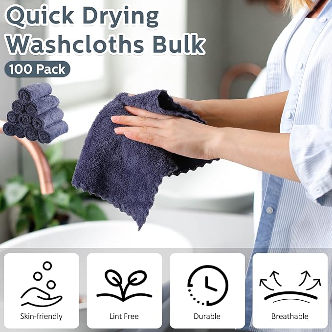 Newwiee 100 Pcs Washcloths Bulk Quick Drying Bathroom Wash Clothes 12 x 12 Inch Face Towels Microfiber Soft Hand Towel for Your Body Spa Fingertip(Dark Grey)
