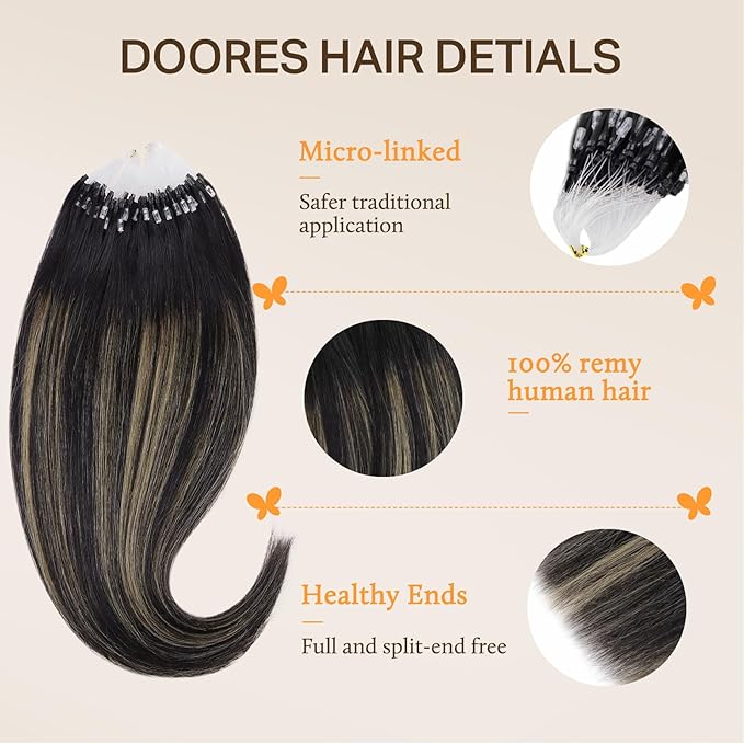 DOORES Microlink Hair Extensions Human Hair, Balayage Natural Black to Light Blonde 14 Inch 50g/50s, Short Real Human Hair Extensions for Women