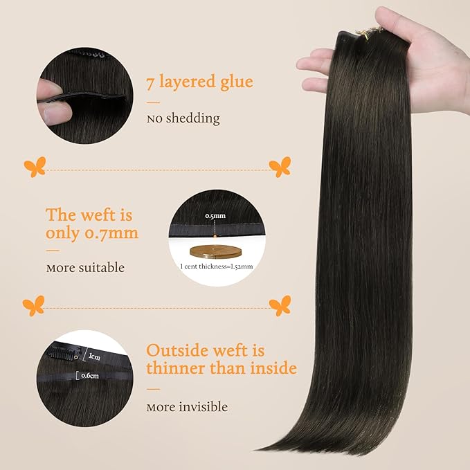 DOORES Seamless Clip in Hair Extensions, Mocha Brown 22 Inch 7pcs 150g, Hair Extensions Human Hair Remy Human Hair Extensions Long Straight Thick Hair Thin Weft Invisi Edge Hair Extensions