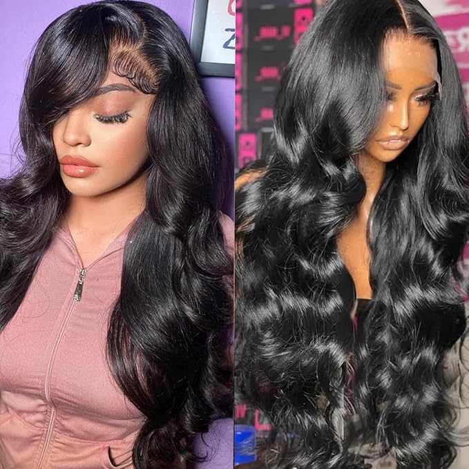13x6 Body Wave Lace Front Wigs Human Hair Pre Plucked 200% Density HD Transparent Lace Frontal Wigs Human Hair With Baby Hair Natural Black 24 Inch