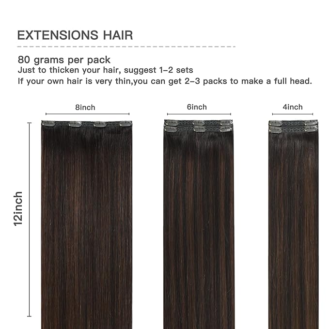 Clip in Hair Extensions Balayage Dark Brown to Chestnut Brown Ombre Real Human Hair 12 Inch 80g 5pcs Natural Remy Hair Extensions