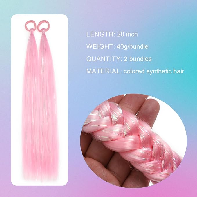 Colored Hair Extensions Pink Ponytail Extension 2 Packs, 20 inch Crazy Hair Day Accessories for Women, DIY Festival Wacky Rave Braids,Tinsel Mixed
