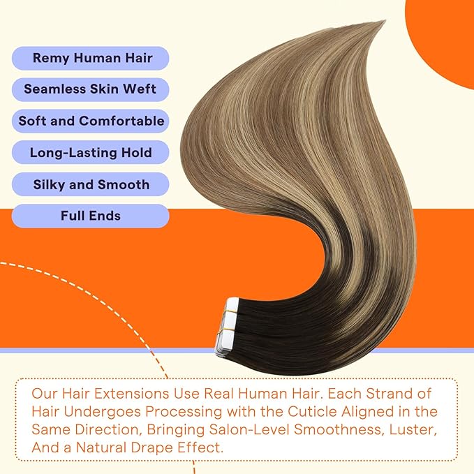Full Shine Tape in Extensions Human Hair 20 Inch Straight Double Sided Tape in Hair Extensions Color 2 Fading to 8 Brown and 27 Blonde Invisible Seamless Extensions 50grams 20PCS Add Length