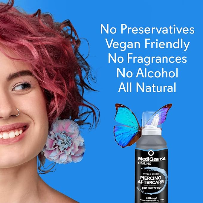 MediCleanse Sterile Saline Piercing Aftercare Fine Mist Spray, 7.5 Ounce, All Natural, No Alcohol, Vegan Friendly, for Piercings and Tattoos, Made in USA, Pack of 2