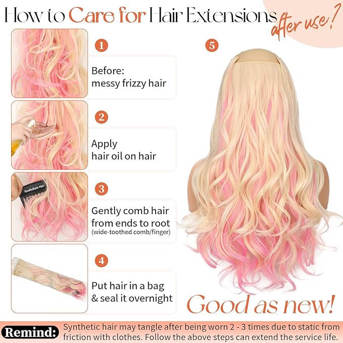 Kookastyle Clip in Hair Extensions, Natural Long Layered Soft Invisible Synthetic Curly Hairpieces for Women,4 pcs(20 Inch, Blonde with Pink)