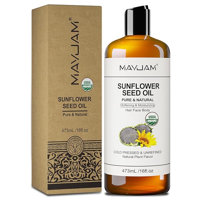 MAYJAM Organic Sunflower Seed Oil 16 Fl Oz, USDA Certified Pure & Natural Cold Pressed Carrier Oil, for Skin, Hair, Face, Body & Nail Moisturing, Massage Oils for Essential Oils Mixing (473ml)