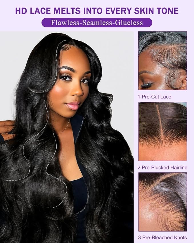 9x6 SKINLIKE Real HD Lace Closure Wig, Body Wave 180% Density 0.10mm Ultra-thin Swiss Lace Pre-plucked Bleached Small Knots With Baby Hair Glueless wigs Human Hair 22 Inch
