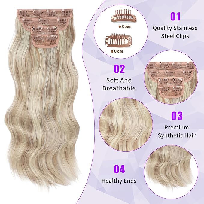 Vigorous Clip in Hair Extensions 20Inch Ash Blonde Mixed Bleach Blonde Hair Extensions Clip Ins 4Pcs Long Wavy Soft Synthetic Hairpieces for Women