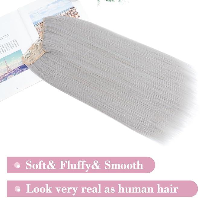 S-noilite One Piece Clip in Hair Extensions 18 Inch Grey U-Shaped One Piece Weft Hair Extensions with 5 Clips Synthetic 3/4 Full Head Long Straight Clip in Hairpieces for Women,#503/88A