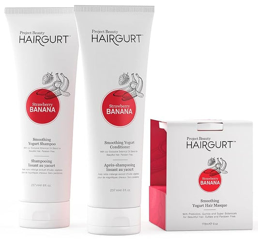 Strawberry Banana Smoothing Hair Care Set – Shampoo + Conditioner + Mask – Frizz Control for Color-Treated Hair – Natural & Sulfate-Free