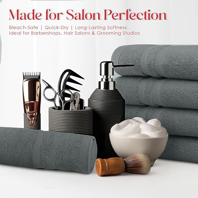 RIVERSIDE Pack of 24 Salon Towels Set – 16 x 26 Inches, 100% Ring Spun Cotton Highly Absorbent and Quick Dry Towels for Salon, Hand, Barber, Gym, Home & Hair Care, Grey