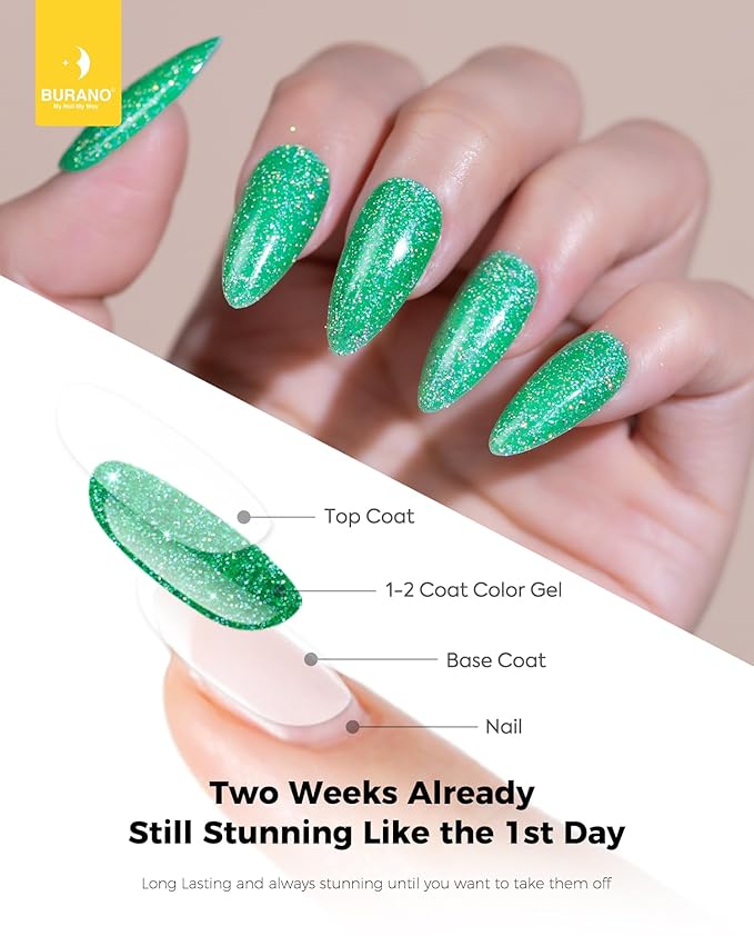 BURANO Glitter Gel Nail Polish with LED UV Curing; No Chip Shimmer Holographic Effect; Sparkle Gel for Green LP66
