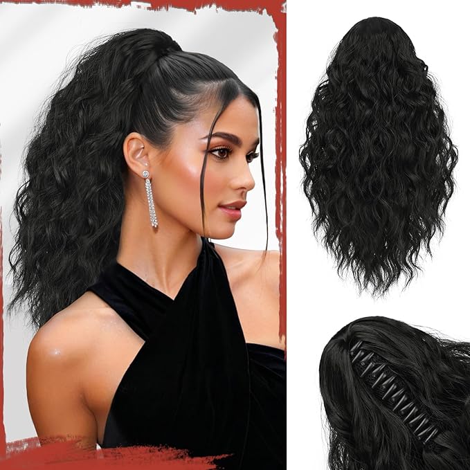 SOFEIYAN Ponytail Extension, 16 inch Claw Clip Ponytail Extension Wavy Curly Ponytails Synthetic Pony Tails Hair Extensions Natural Fake Hairpiece for Women - Black